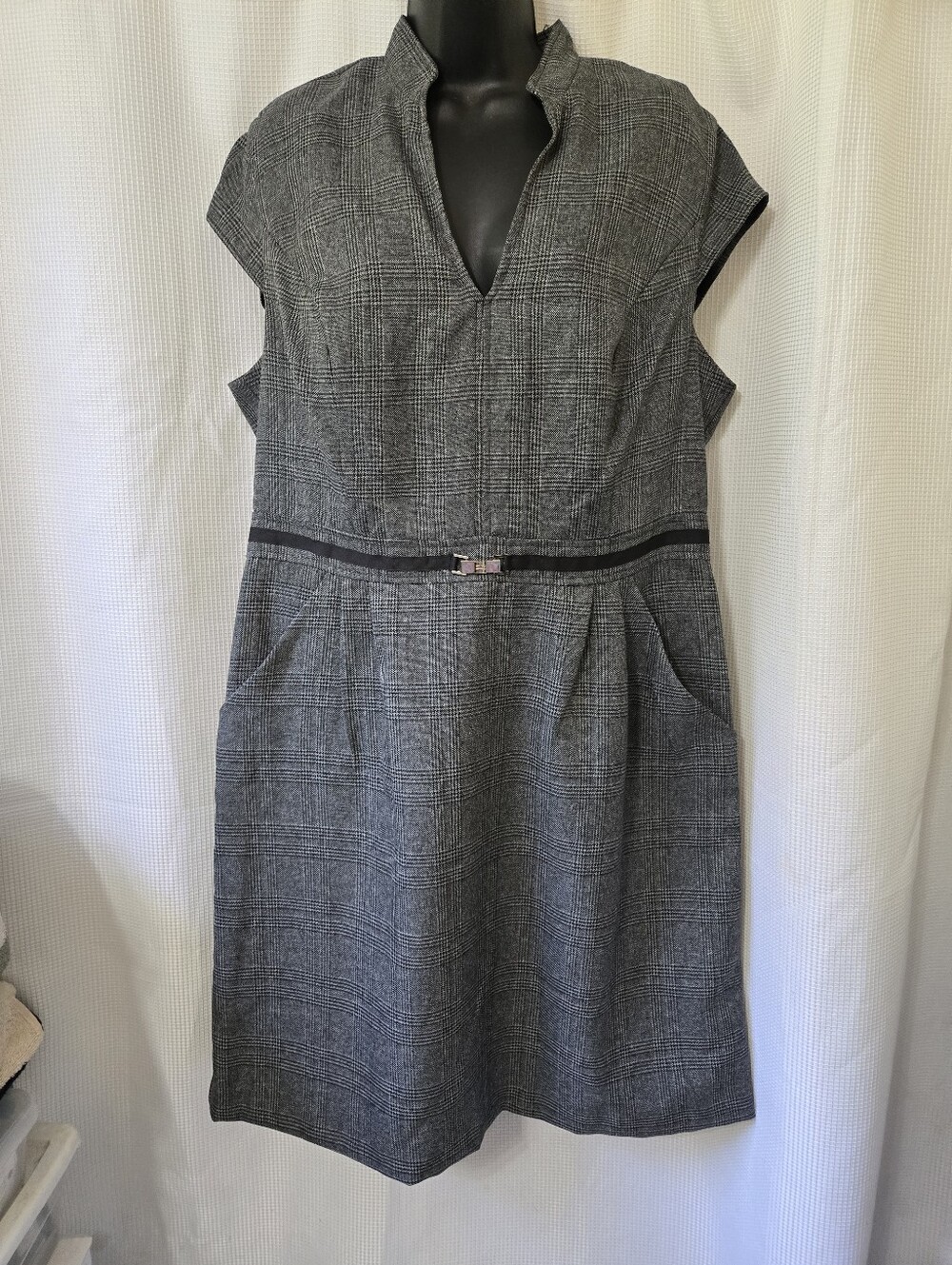 Shelby & Palmer Gray Glen Plaid Midi Dress with Waist Accent